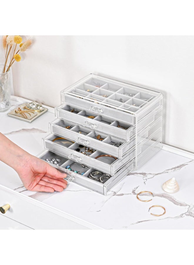 Bukela Earring Holder Organizer Jewelry Box with 5 Drawers, Acrylic Clear Earring Case with Adjustable Velvet Trays for Women - Grey, 5 Layers - Image 2